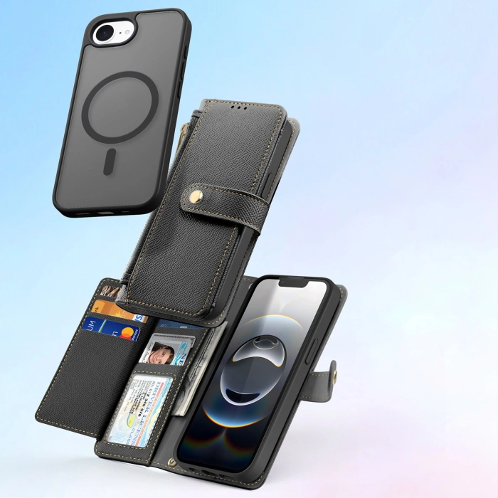 Etui skórzane Dux Ducis Lawa na iPhone 16e z odłączanym portfelem magnetycznym - czarne