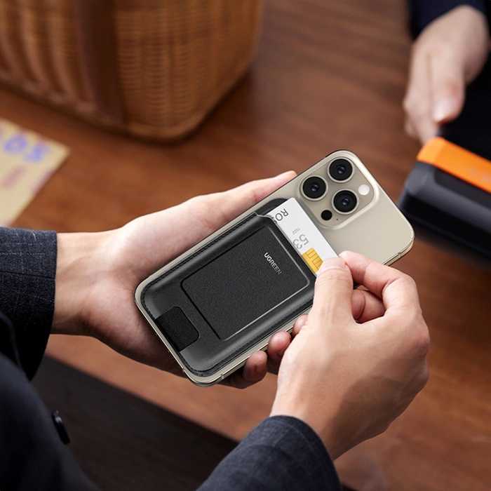 Portfel magnetyczny z funkcją podstawki do iPhone MagSafe, Ugreen LP836, skórzany (czarny)