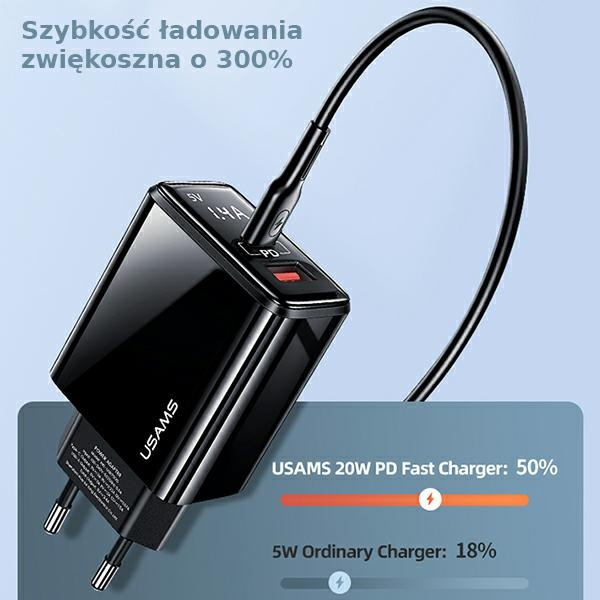 Ładowarka Sieciowa USAMS 1xUSB-C 1xUSB-A T40 20W LED PD3.0 QuickCharge3.0 Fast Charging Czarny