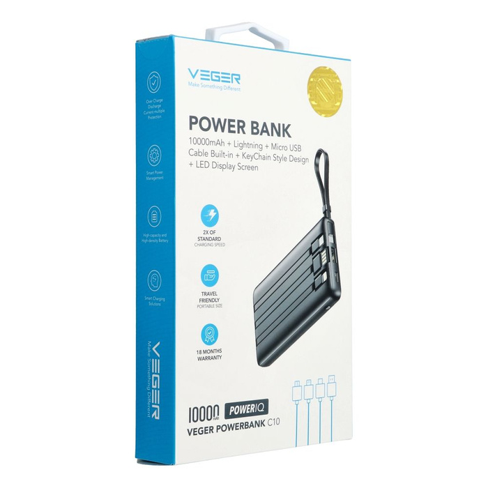 VEGER powerbank 10000 mAh z wbudowanymi kablami Micro USB / Typ C / Lightning C10 (W1116) czarny