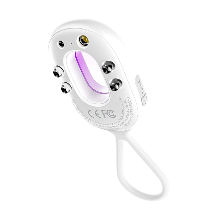 Wykrywacz ukrytych kamer Baseus Heyo Series II z alarmem i mini latarką + kabel Baseus Simple USB-A - USB-C – biały