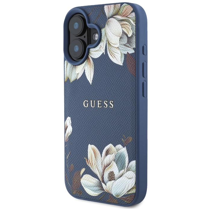 Etui Guess Grained Printed Flower         Pattern MagSafe do iPhone 16 niebieski