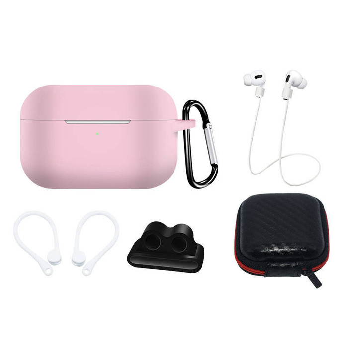 Zestaw silikonowe etui AirPods Pro 2 / AirPods Pro 1 + futerał / zaczep na ucho / pasek na szyję / uchwyt na pasek zegarka / karabińczyk | różowe