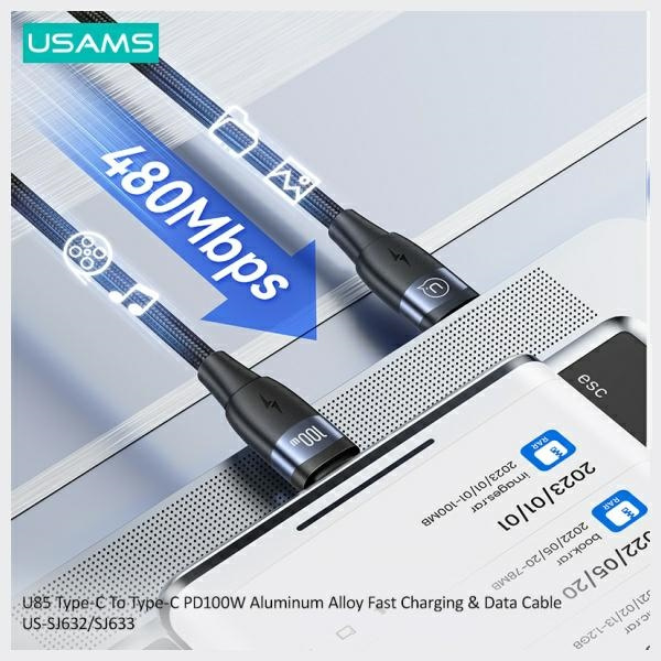 USAMS Kabel USB-C na USB-C 100W 2m        Aluminum Alloy Fast Charging & Data Cable SJ633USB01 (US-SJ633)
