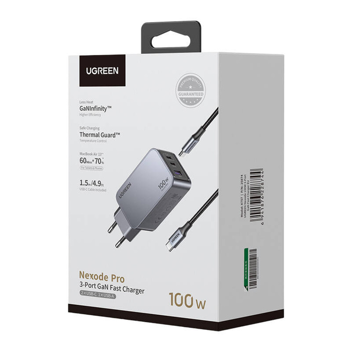 Ładowarka sieciowa  25874 Ugreen Nexode Pro 100W, GaN, USB + 2x USB-C (szara)