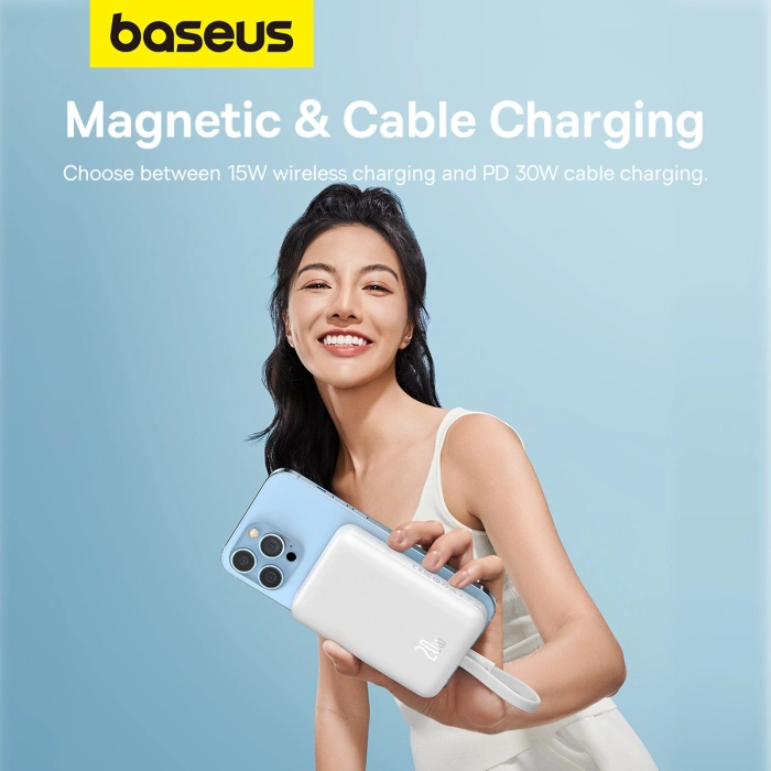 Powerbank Baseus Magnetic Mini MagSafe 10000mAh 20W z wbudowanym kablem Lightning 0.3m Biały