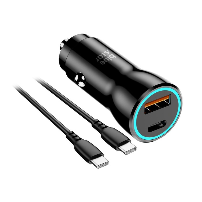 Ładowarka samochodowa Blue Star USB C + USB A QC3.0 PD AFC PPS 3A 25W + kabel USB C do USB C czarna