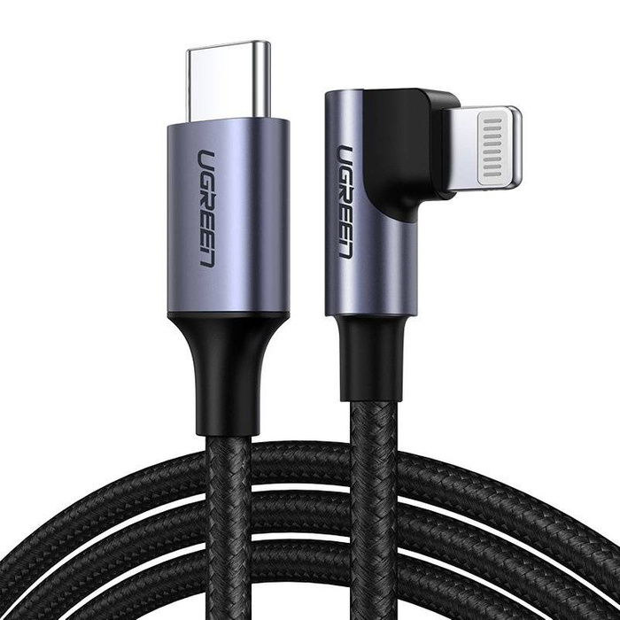 Ugreen MFI kątowy kabel przewód z bocznym wtykiem USB Typ C - Lightning Power Delivery 3 A 1 m szary (60763 US305)