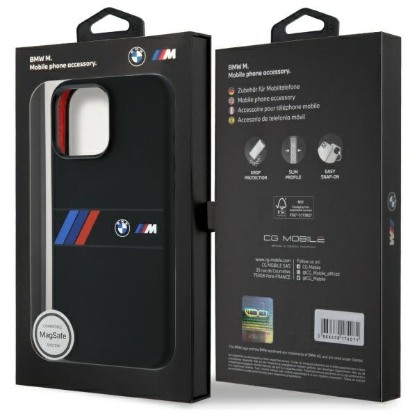 Etui BMW iPhone 16 Pro Max czarny/black hardcase Silicone Middle Stripe MagSafe