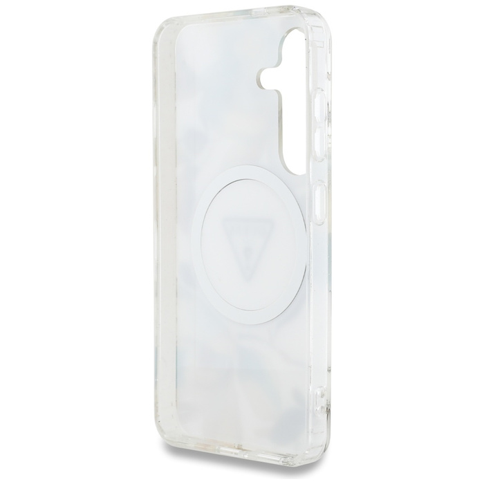 Etui Guess Glitter Flowers Triangle       Buttons MagSafe do Samsung Galaxy S25 biały