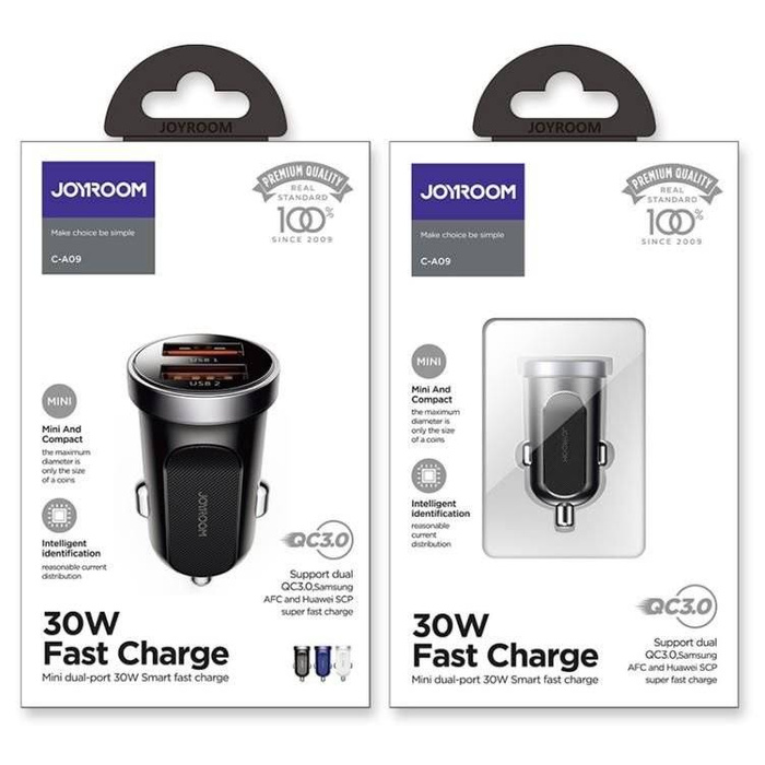Joyroom C-A09 Mini szybka ładowarka samochodowa 2x USB 30W Quick Charge, SCP, PD, AFC czarny 