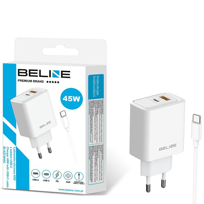 Ładowarka sieciowa Beline 45W GaN        USB-A/USB-C + kabel USB-C/USB-C BLN2CW45C biały