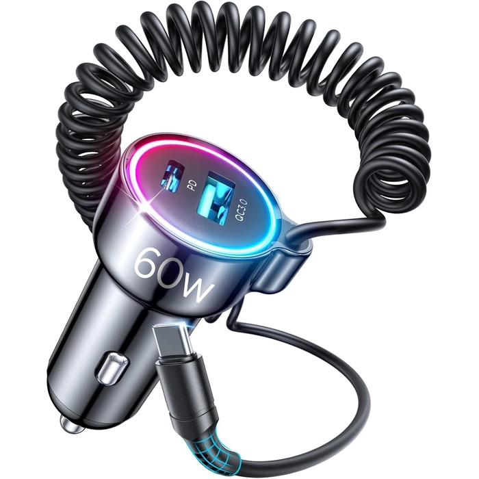 [PO ZWROCIE] Joyroom szybka ładowarka samochodowa 3 w 1 z kablem USB Typ C 1,6m 60W czarny (JR-CL07)