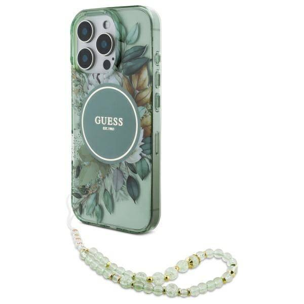 Etui Guess iPhone 16 Pro 6.3" zielony/green hardcase IML Flowers With Pearl Strap MagSafe