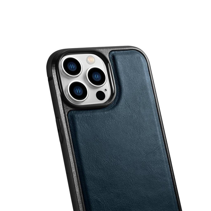 iCarer Leather Oil Wax etui pokryte naturalną skórą do iPhone 14 Pro Max (kompatybilne z MagSafe) niebieski (WMI14220720-BU)