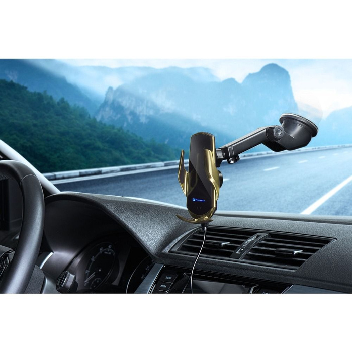 FORCELL uchwyt z ładowaniem indukcyjnym automatyczny + adapt. magnetyczne HS1 Qi 15W złoty