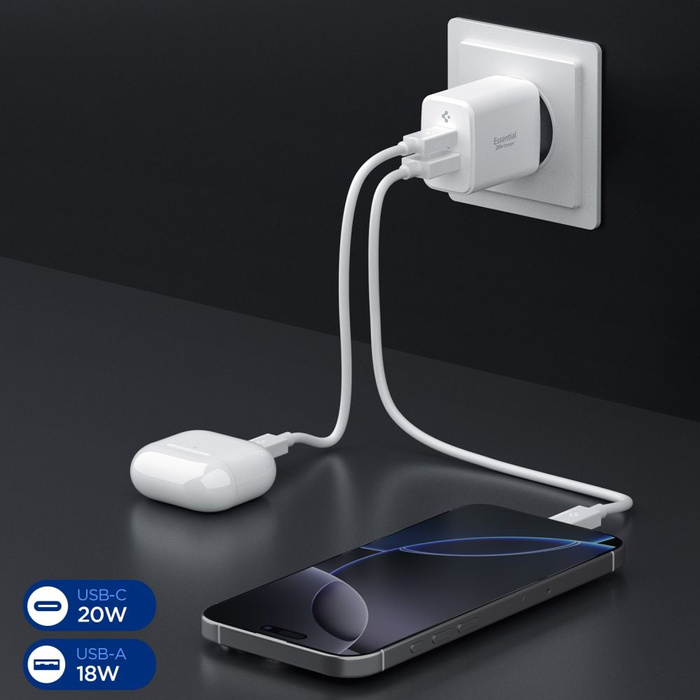 ŁADOWARKA SIECIOWA SPIGEN ESSENTIAL EE202EU 2-PORTOWA 20W BIAŁA