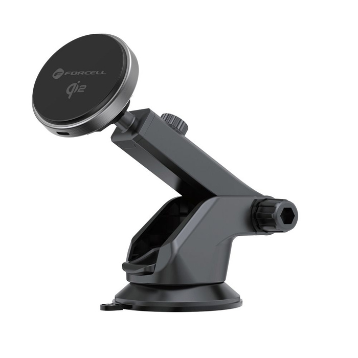 Uchwyt na telefon do samochodu magnetyczny zgodny z MagSafe Forcell F-Grip Rapid Charge Qi2 15W do szyby / deski / kratki szary