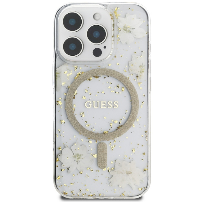 Etui Guess Resin Flowers Glitter MagSafe do iPhone 16 Pro Max beżowy