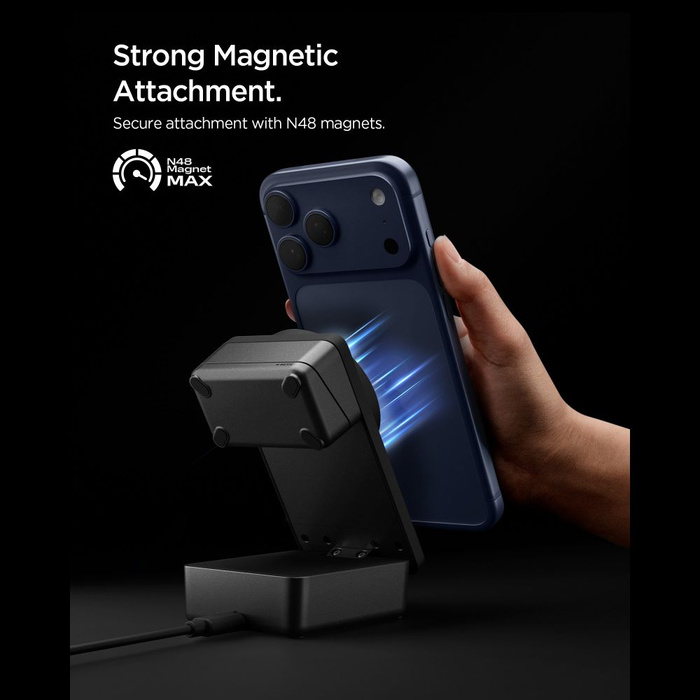 STACJA ŁADOWANIA SPIGEN ESSENTIAL 3IN1 MAGNETIC MAGSAFE BEZPRZEWODOWA ŁADOWARKA 25W Qi2.2 CZARNA