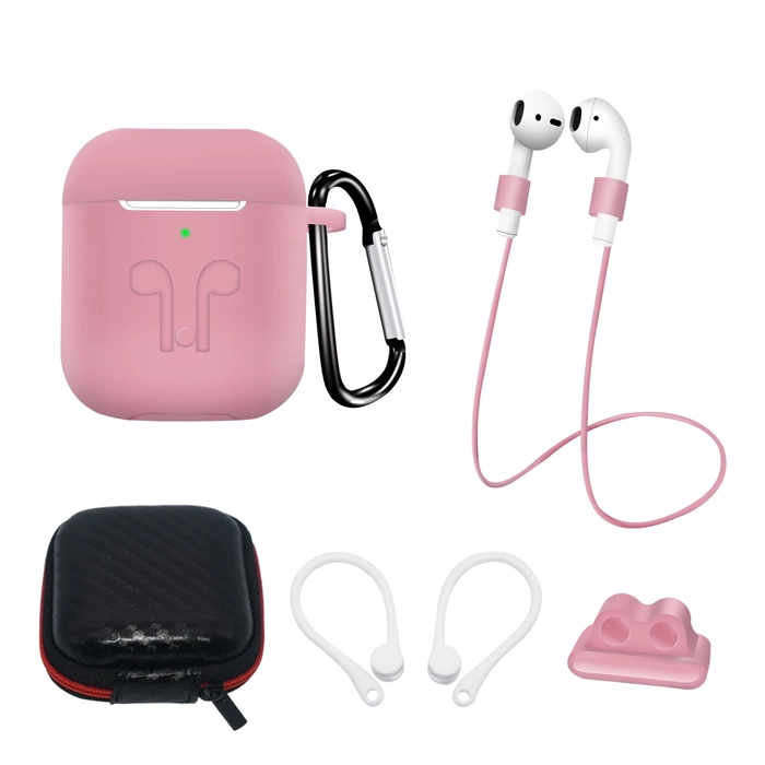 Zestaw silikonowe etui AirPods 2 / AirPods 1 + futerał / zaczep na ucho / pasek na szyję / uchwyt na pasek zegarka / karabińczyk | niebieskie