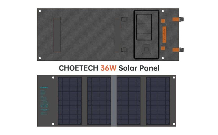 Choetech rozkładana ładowarka solarna słoneczna fotowoltaiczna 36W Quick Charge Power Delivery USB / USB Typ C (94 x 36 cm) szary (SC006)
