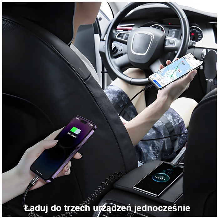 USAMS Ład. sam. 2xUSB-C 1xUSB-A C33 60W with spring cable Fast Charge czarny/black CC167CC01 (US-CC167)