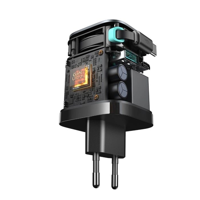 Ładowarka GaN Joyroom JR-TCL02 65W USB-A USB-C z wbudowanym kablem USB-C Czarna