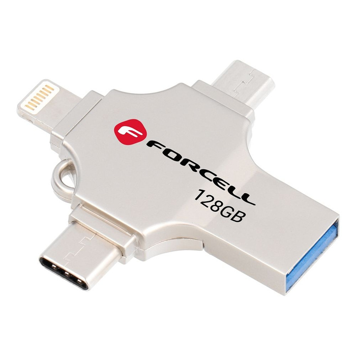 Pendrive 128GB USB 3.2 Gen 1 (USB A / USB C / Lightning / Micro USB) Forcell F-Data Metal Quad srebrny
