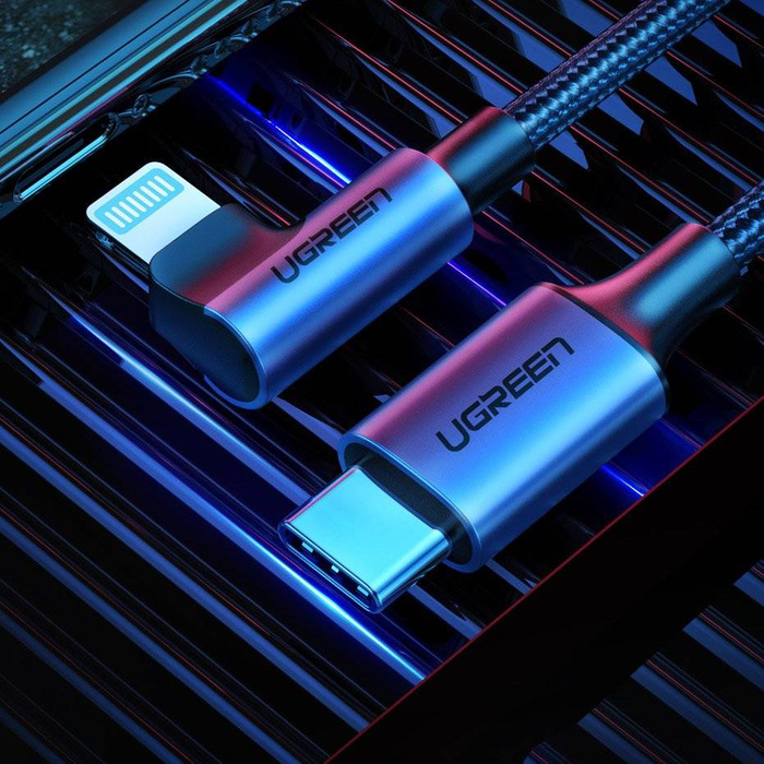 Ugreen MFI kątowy kabel przewód z bocznym wtykiem USB Typ C - Lightning Power Delivery 3 A 1 m szary (60763 US305)