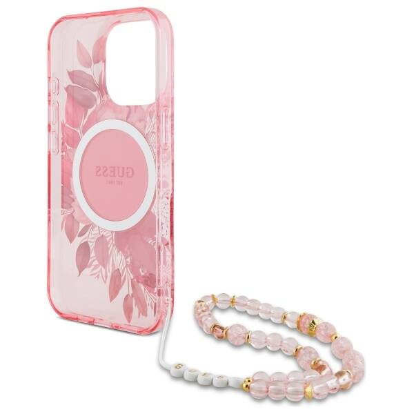 Etui Guess iPhone 16 Pro Max 6.9" różowy/pink hardcase IML Flowers With Pearl Strap MagSafe