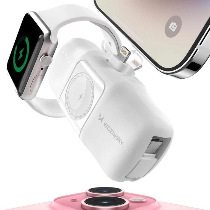 Mini powerbank Wozinsky WF16-YLS 5000mAh 15W Lightning z wbudowanym kablem USB-C i ładowarką do Apple Watch - biały