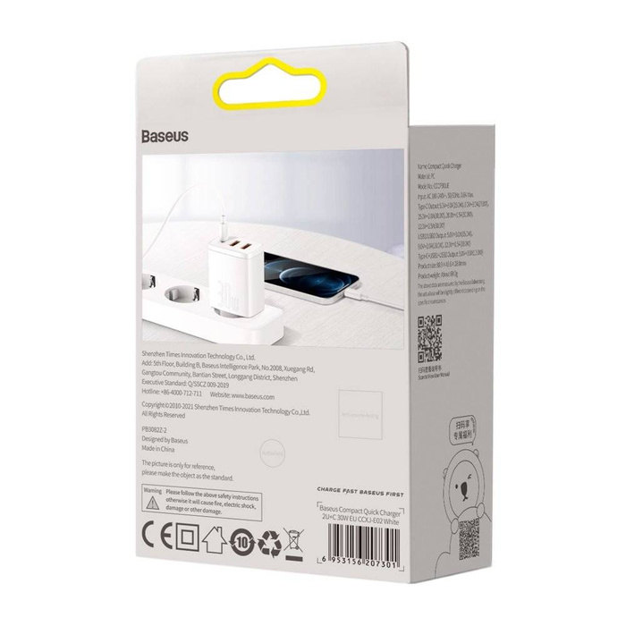 [PO ZWROCIE] Baseus Compact szybka ładowarka sieciowa 2x USB / USB Typ C 30W 3A Power Delivery Quick Charge biały (CCXJ-E02)