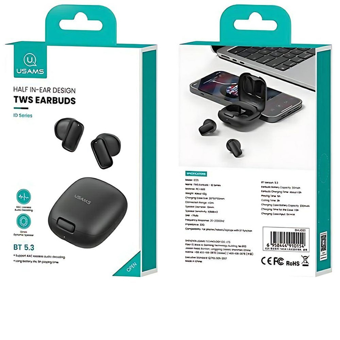 USAMS Słuchawki Bluetooth 5.3 TWS ID Series bezprzewodowe czarny/black BHUID01 (ID25)