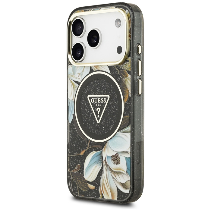 Etui Guess IML Glitter Flowers Triangle  MagSafe do iPhone 17 Pro Max czarny