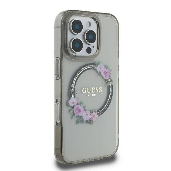 Etui Guess iPhone 16 Pro Max czarny/black hardcase IML Flowers Wreath MagSafe