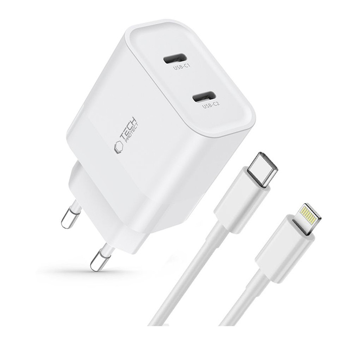 ŁADOWARKA TECH-PROTECT C20W 2-PORT NETWORK CHARGER PD20W + LIGHTNING CABLE WHITE