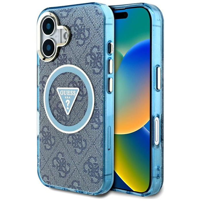 Etui Guess IML Metal Glitter 4G Circle   Triangle MagSafe do iPhone 16 niebieski