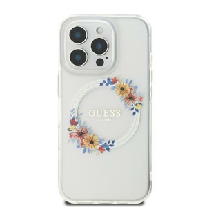 Etui Guess iPhone 16 6.1" przeźroczysty/transparent hardcase IML Flowers Wreath MagSafe