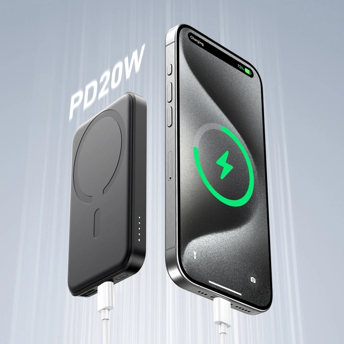 Powerbank Joyroom JR-W020 Mini 5000mAh USB-A USB-C indukcyjny 20W - czarny + kabel USB-C / USB-C