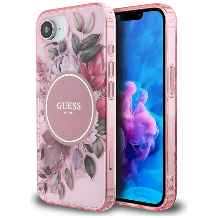 Etui Guess IML Flowers MagSafe do iPhone 16e różowy