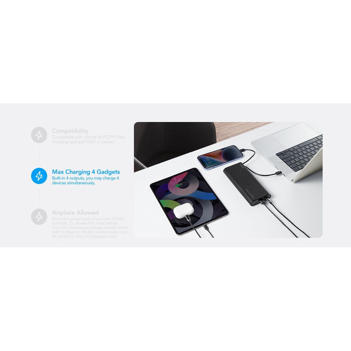 Powerbank Veger TCE130 (W2503) PD 130W 25000 mAh z wbudowanymi kablami Typ C / Lightning czarny