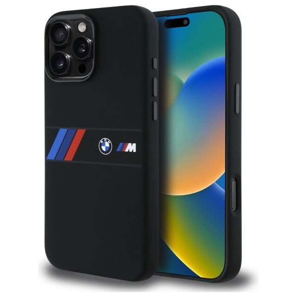 Etui BMW iPhone 16 Pro Max czarny/black hardcase Silicone Middle Stripe MagSafe