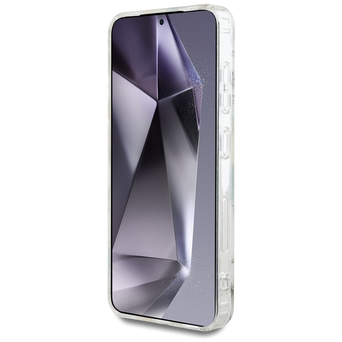 Etui Guess Glitter Flowers Triangle       Buttons MagSafe do Samsung Galaxy S25 biały