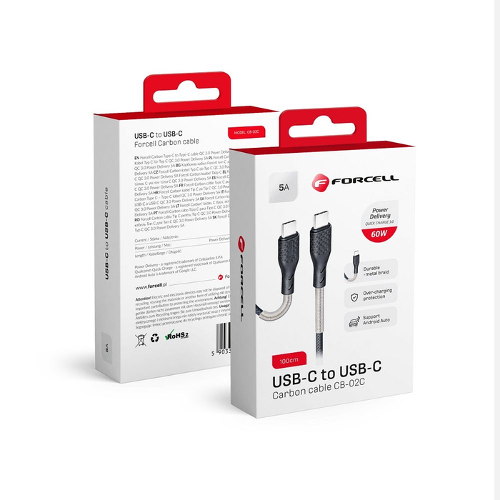 Kabel USB C do USB C Forcell F-Energy QC4.0 PD 5A 66W Carbon 1 m CB-02C czarny