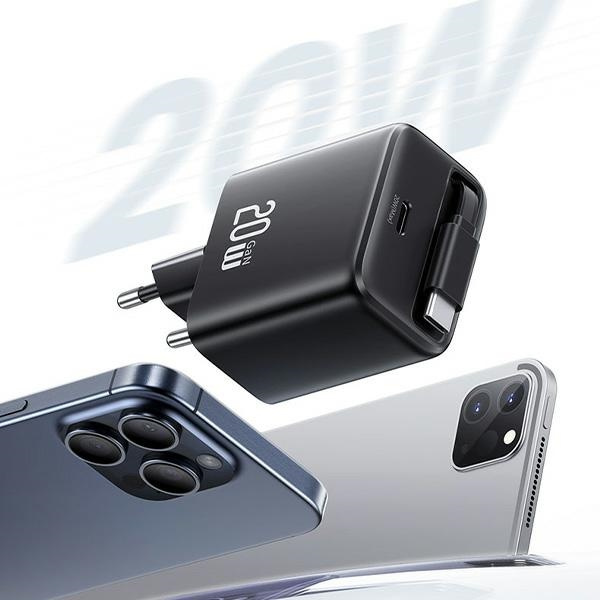 USAMS Ład. siec. 1xUSB-C ze zwijanym kablem USB-C Retractable PD+QC 20W Gan Fast Charging czarny/black YC Series CC233TC01 (US-CC233)