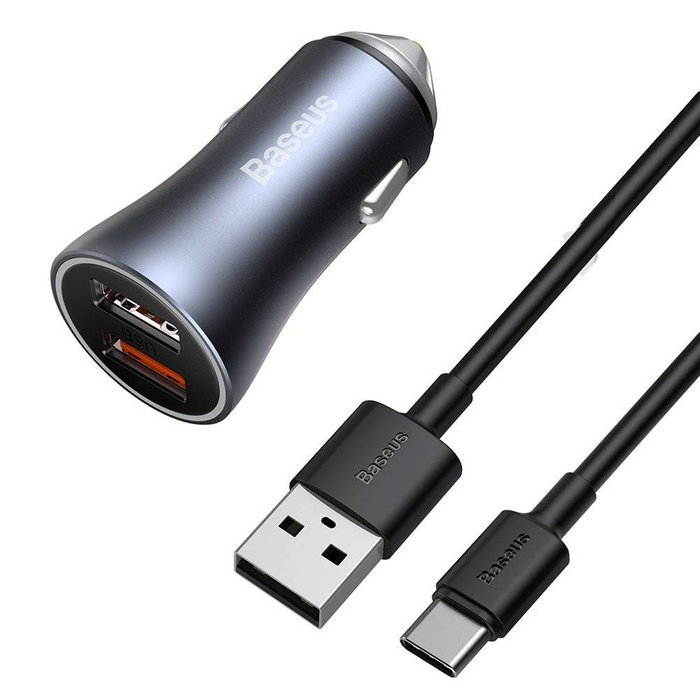 [PO ZWROCIE] Baseus Golden Contactor Pro szybka ładowarka samochodowa 2x USB 40 W Quick Charge SCP FCP AFC + kabel USB - USB Typ C szary (TZCCJD-A0G)
