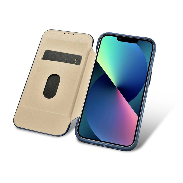 iCarer CE Oil Wax Premium Leather Folio Case skórzane etui iPhone 14 Plus z klapką magnetyczne MagSafe niebieski (AKI14220707-BU)