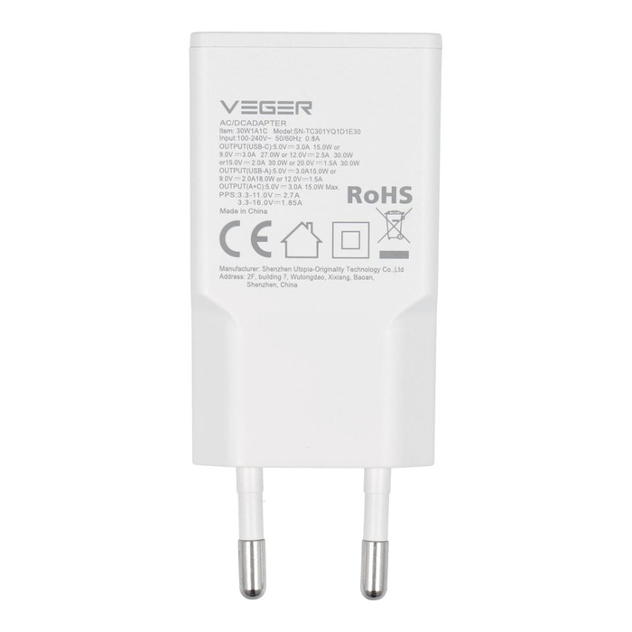 Ładowarka sieciowa do telefonu VEGER USB A + USB C QC PD 30W 30W1A1C biała