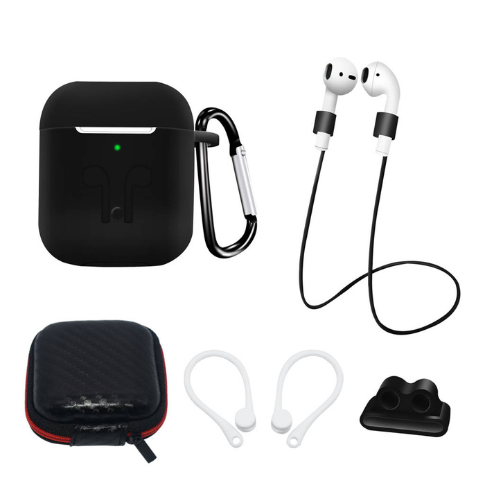 Zestaw silikonowe etui AirPods 2 / AirPods 1 + futerał / zaczep na ucho / pasek na szyję / uchwyt na pasek zegarka / karabińczyk | czarne